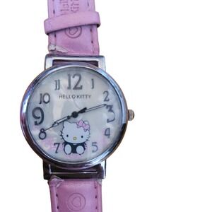Hello Kitty Pink Watch Silver Tone‎ Case Genuine Leather Kids Girls